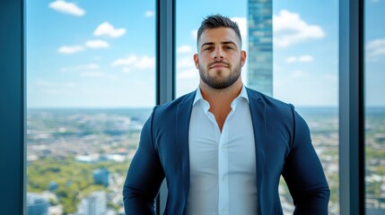 Poster - A man standing in front of a window with city views, AI