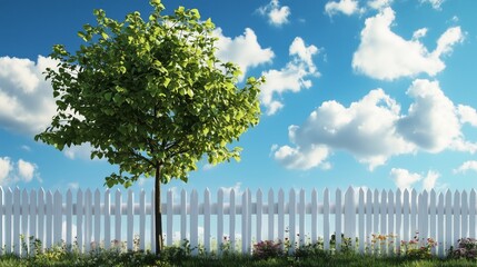 Wall Mural - a lush tree stands before a white picket fence, surrounded by wildflowers under a blue sky.