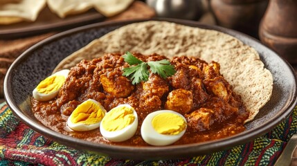 Wall Mural - Plate of Ethiopian injera, topped with a generous serving of spicy doro wat.