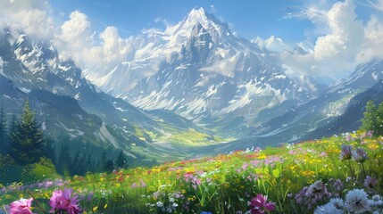 Wall Mural - Mountain Landscape With Flowers