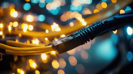 Canvas Print - Closeup of Network Cables with Yellow and Blue Bokeh