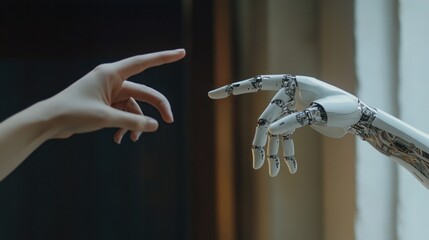 Canvas Print - Human and Robot Hand Reaching for Each Other