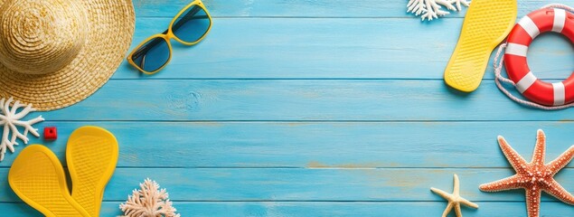 Wall Mural - Summer Vacation Essentials on Blue Wooden Background