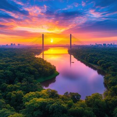 Wall Mural - Golden hour over a serene river with a vibrant sky and modern bridge in the distance