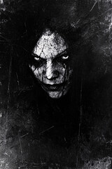 Chilling black and white image of an eerie witch-like figure with cracked skin and wide, haunting eyes, perfect for horror-themed designs and spooky, gothic atmospheres.