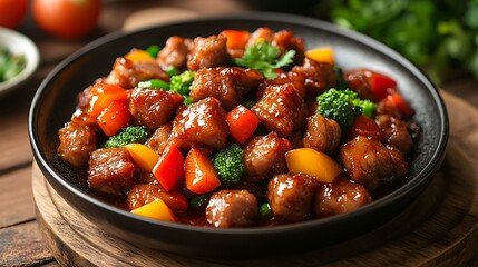 Wall Mural - Savory sweet and sour pork served with colorful vegetables in a black bowl, showcasing vibrant flavors and a glossy sauce, perfect for Asian cuisine.