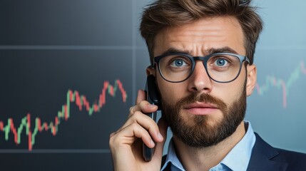 Poster - A man with glasses talking on a cell phone in front of stock charts, AI