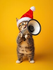 Wall Mural - A funny kitten in a red Santa hat holds a loudspeaker in its paws. Cute kitten with megaphone on a yellow background. Christmas sale concept. Sale, traffic, advertising and attention.