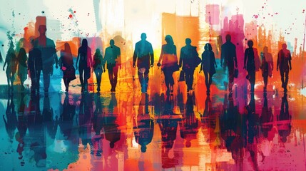 Silhouettes of people walking in a colorful abstract cityscape.  The image represents community, unity, and movement.