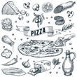 © Qualit Design - Italian pizza and ingredients set, isolated on white background. Hand drawn vector sketch illustration. Cooking recipes or pizzeria menu design elements