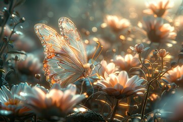 Canvas Print - A Golden Butterfly Amongst Delicate Flowers