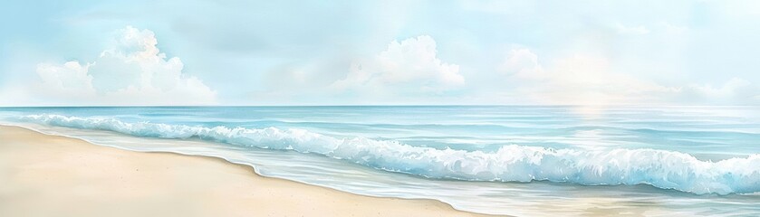 Wall Mural - Calm ocean waves gently washing over a sandy shoreline under a bright sky. The peaceful scene is painted in a soothing watercolor style.