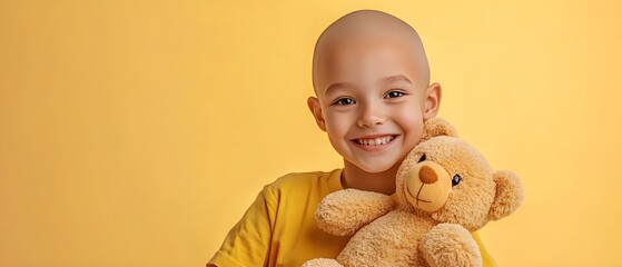 bald child holding teddy bear on yellow background, cancer support concept, isolated banner design.