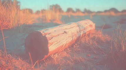 Wall Mural -   Closer view of a log in a green field surrounded by trees and blue sky above