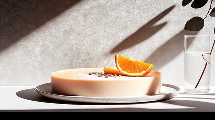   A slice of orange atop a cake sits beside water and a plant on a plate