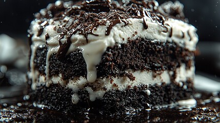   A close-up shot of a scrumptious cake topped with icing and rich chocolate sprinkles