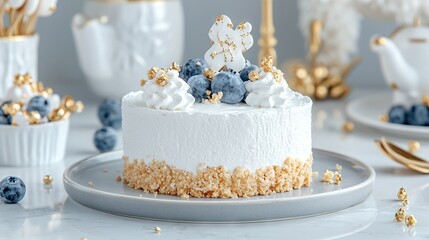  White plate with cake topped by blueberries & gold sprinkles on white frosting