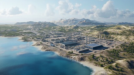 Wall Mural - Aerial view of an industrial complex near a coastline with mountains in the background.