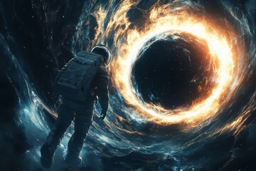 Wall Mural - astronaut in space suit standing in front of swirling black hole. deep space exploration