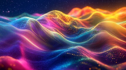 Poster - Abstract digital representation of colorful electric waves moving through the air, symbolizing data transmission, communication, and technology advancements.