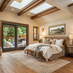 Wall Mural - Bedroom in new luxury home with hardwood floors, sliding glass door leading to patio, and skylights with wood cross beams and elegant pendant light.