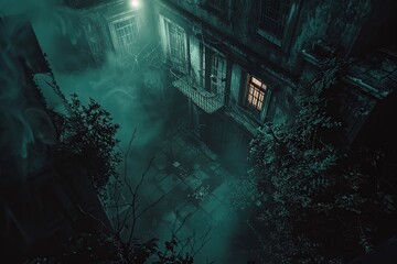 Wall Mural - Eerie Foggy Courtyard of an Abandoned House