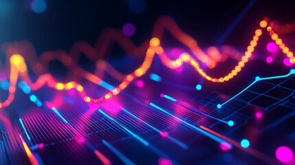 Close-up of a 3D line graph with rising curves, each axis highlighted in neon colors, representing trends and market data visualization in a high-tech style.