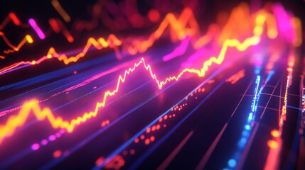 Close-up of a 3D line graph with rising curves, each axis highlighted in neon colors, representing trends and market data visualization in a high-tech style.