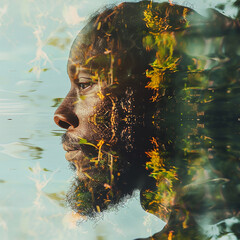 Sticker - A mystical reggae spirit combined with the reflections on a tranquil lake, the water and spirit merging into a peaceful double exposure. 64k, UHD, High definition a?