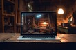 © MiraCle72 - Laptop screen reflecting warm light in a cozy, rustic workshop filled with tools and timber