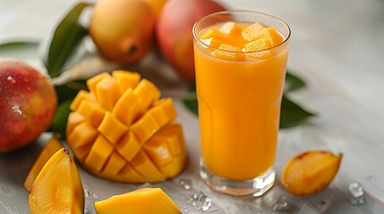 Wall Mural - A tall glass of mango juice with ice cubes and fresh mango slices and whole fruit on a white wooden surface.