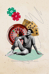 Sticker - Vertical poster collage young man sit roulette chips cards combination fortune luck prize winner victory drawing background