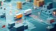 © Aekkachai - Digital logistics concept with trucks and warehouse icons on a connected network, representing modern supply chain technology.