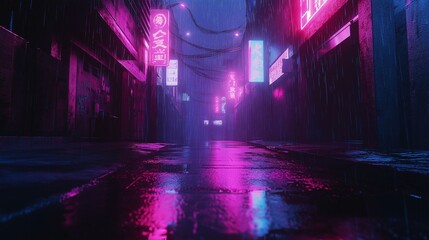 A futuristic alleyway bathed in neon pink and blue lights during a rainy night.