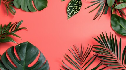 Canvas Print - Tropical Leaves on Coral Background