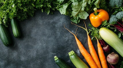 Wall Mural - A minimalist still life of fresh, raw vegetables like carrots, zucchini, and beets, arranged on a slate background with natural light highlighting their colors