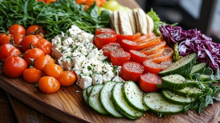 Wall Mural - A raw vegan antipasto platter with marinated vegetables, raw nut cheese, and fresh greens, beautifully arranged on a wooden board