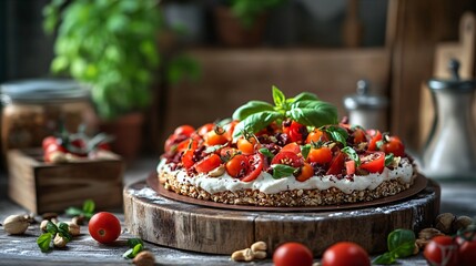 A raw vegan pizza with a nutty crust topped with fresh tomatoes, basil, and cashew cheese, displayed on a rustic wooden table with a cozy kitchen backdrop