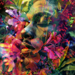 Canvas Print - A reggae spirit's face blending with the vibrant colors of a flower garden, creating a lush and colorful double exposure. 64k, UHD, High definition a?