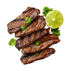 Grilled slices of Carne Asada isolated on white background, top view, transparent PNG