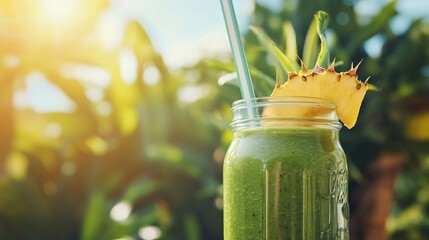 Wall Mural - A raw vegan smoothie made with leafy greens, tropical fruits, and coconut water, served in a mason jar with a reusable straw, set against a sunny background