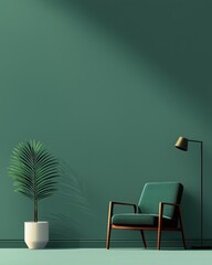 A stylish indoor space featuring a green wall, modern chair, lamp, and potted plant, ideal for contemporary decor.