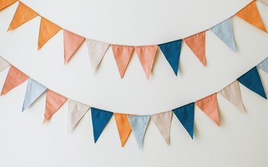 Two rows of colorful triangular flags hanging against a white wall......... Generative ai.