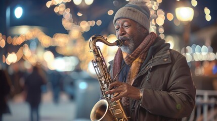 dark-haired man playing saxophone in defocused city with christmas lights