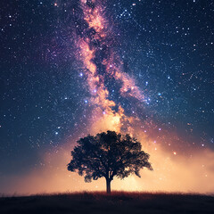 Canvas Print - A solitary tree in the middle of a field, its branches intertwining with a softly glowing galaxy of stars, as the night sky merges with the earth below. 64k, UHD, High definition a?