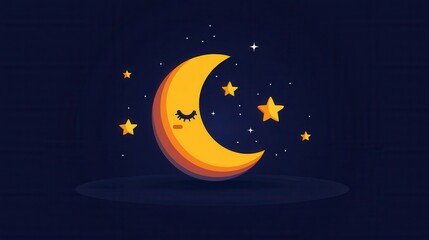 A whimsical crescent moon with a sleepy face surrounded by twinkling stars against a dark blue night sky.