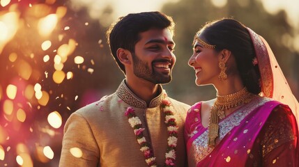 Young indian couple celebrating new year festival.