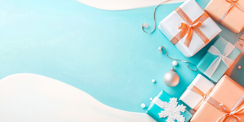 Wall Mural - Christmas and New year celebration cosy template. Warm atmosphere, soft pastel colors. Modern trendy background with copy space. Banner wallpaper poster header social media post. Generative Ai content