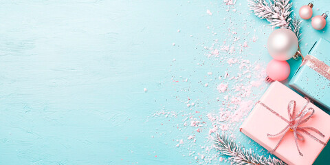 Wall Mural - Christmas and New year celebration cosy template. Warm atmosphere, soft pastel colors. Modern trendy background with copy space. Banner wallpaper poster header social media post. Generative Ai content