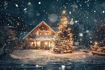 Christmas tree with sparkling red and gold ornaments, standing tall next to a snowy Christmas house